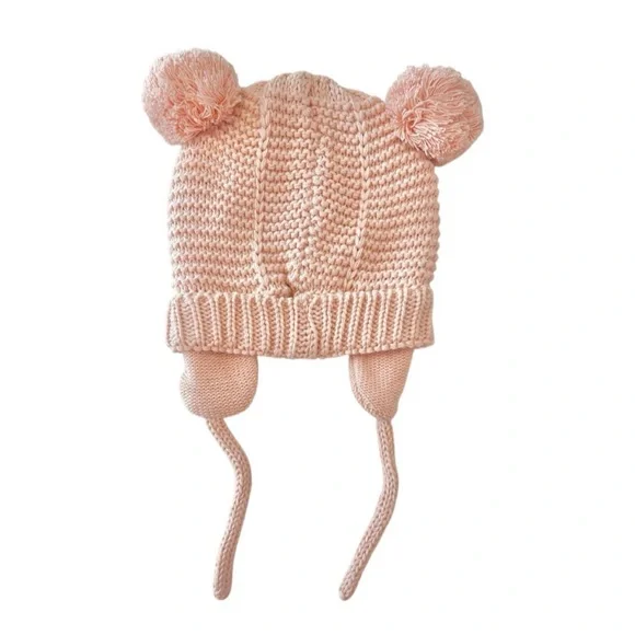(NWT) Pink Baby Pom-Pom Knit Beanie Winter Hat w/ Earflaps & Tie | 0-1 Years Old - Picture 4 of 6